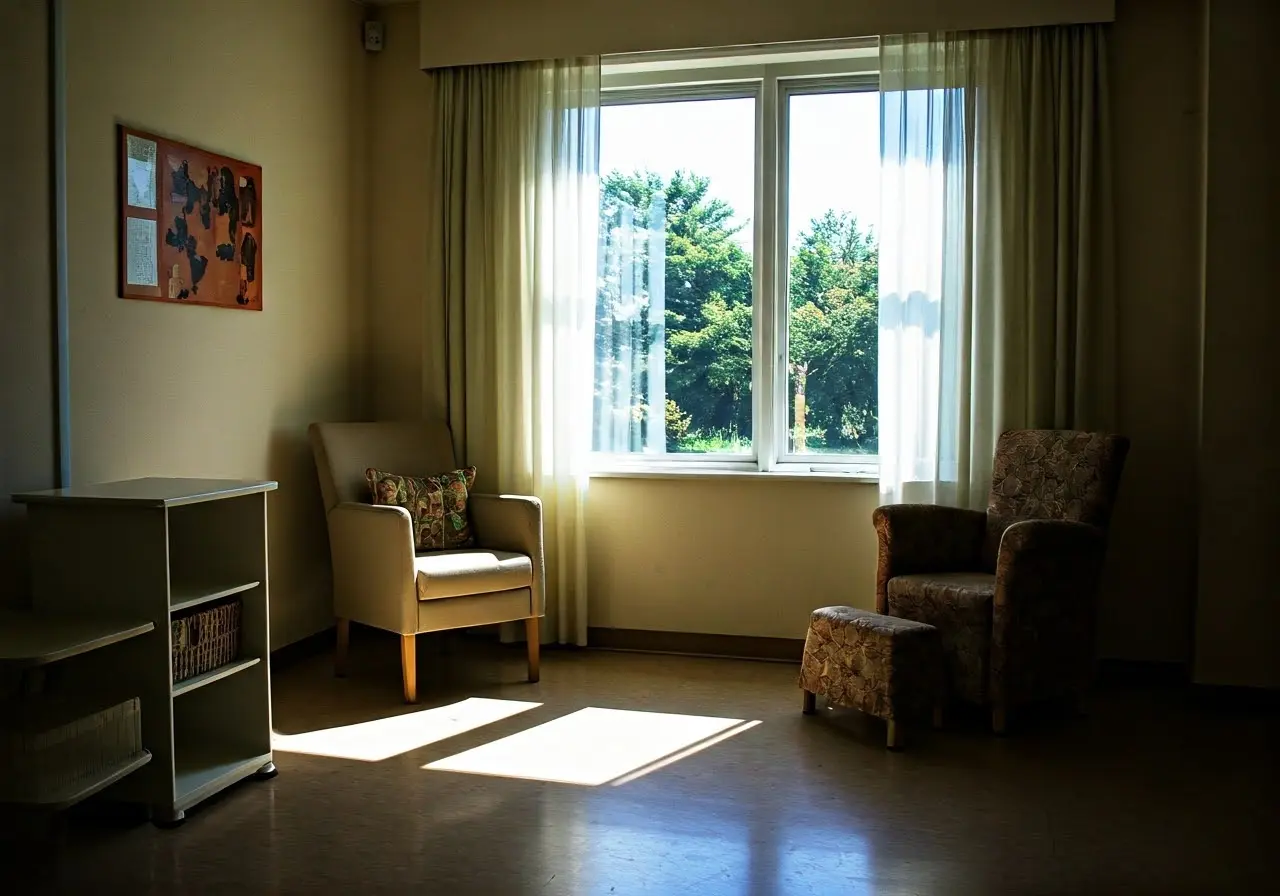 A serene hospice room with comforting decor and sunlight. 35mm stock photo