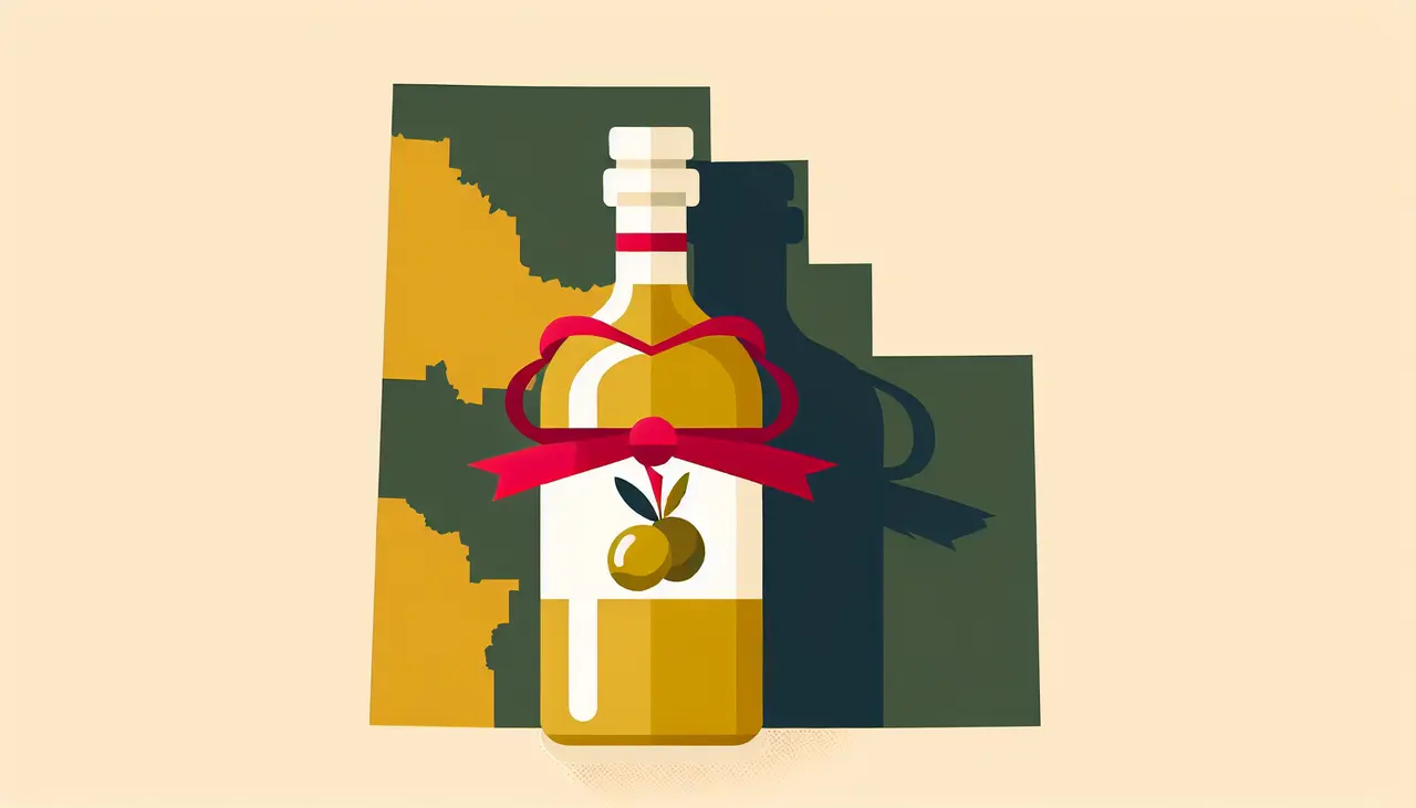 Draw a graphic in flat design style. A bottle of olive oil with a gift ribbon, set against a simplified Utah outline backdrop.