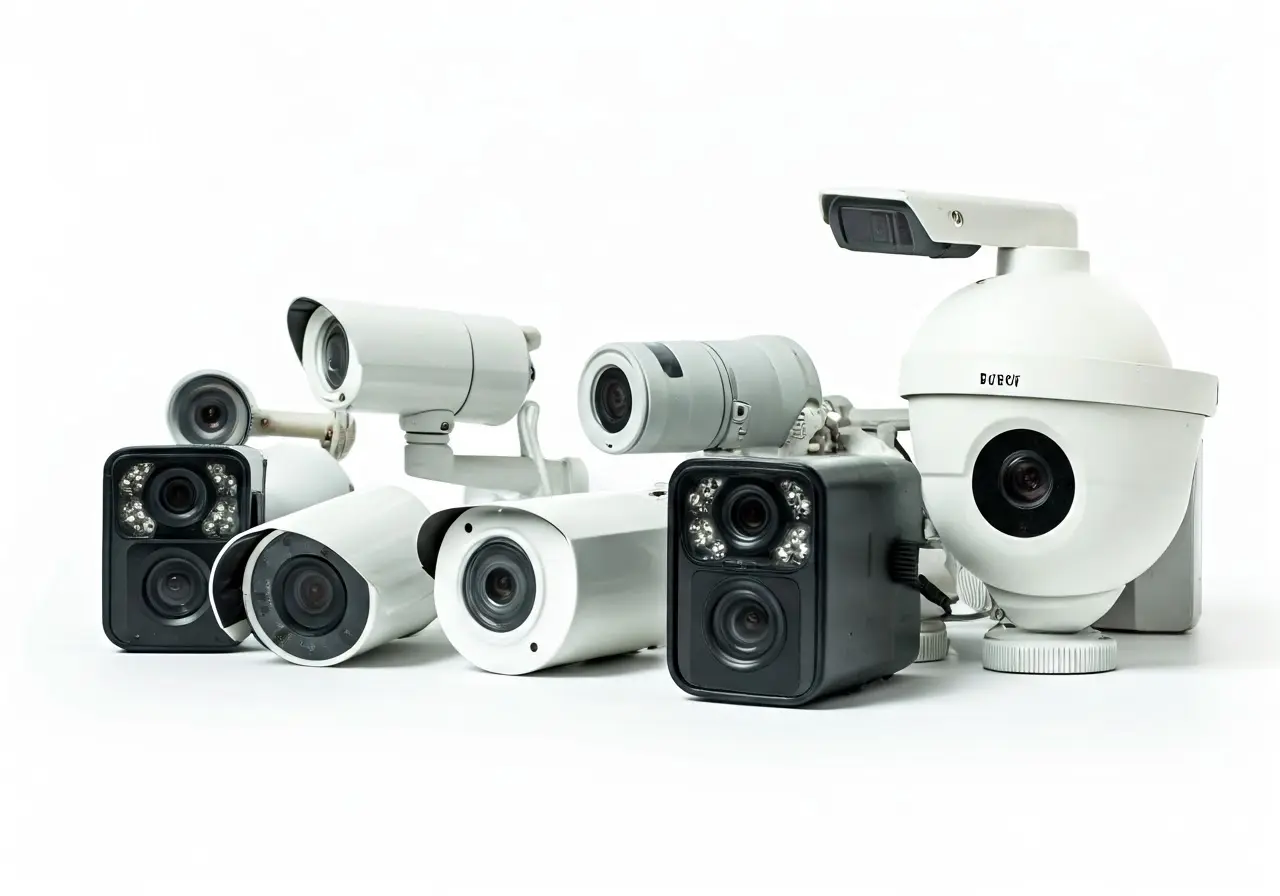 A variety of surveillance cameras displayed on a white background. 35mm stock photo