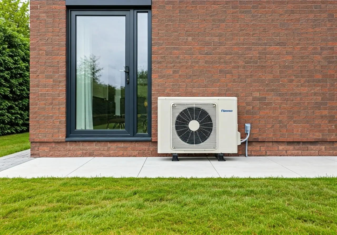 A modern home exterior showcasing a newly installed heat pump. 35mm stock photo