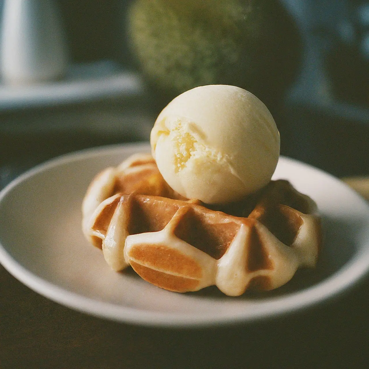 A plate of durian waffles with a scoop of ice cream. 35mm stock photo