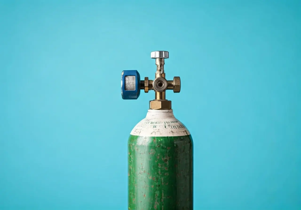 A medical oxygen tank with a light blue background. 35mm stock photo