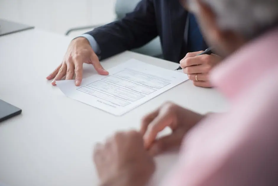 Two professionals engaging in a business meeting, signing documents for a consulting agreement.