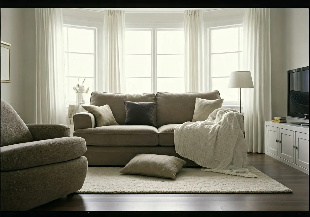 A tidy living room with sparkling clean surfaces and furniture. 35mm stock photo