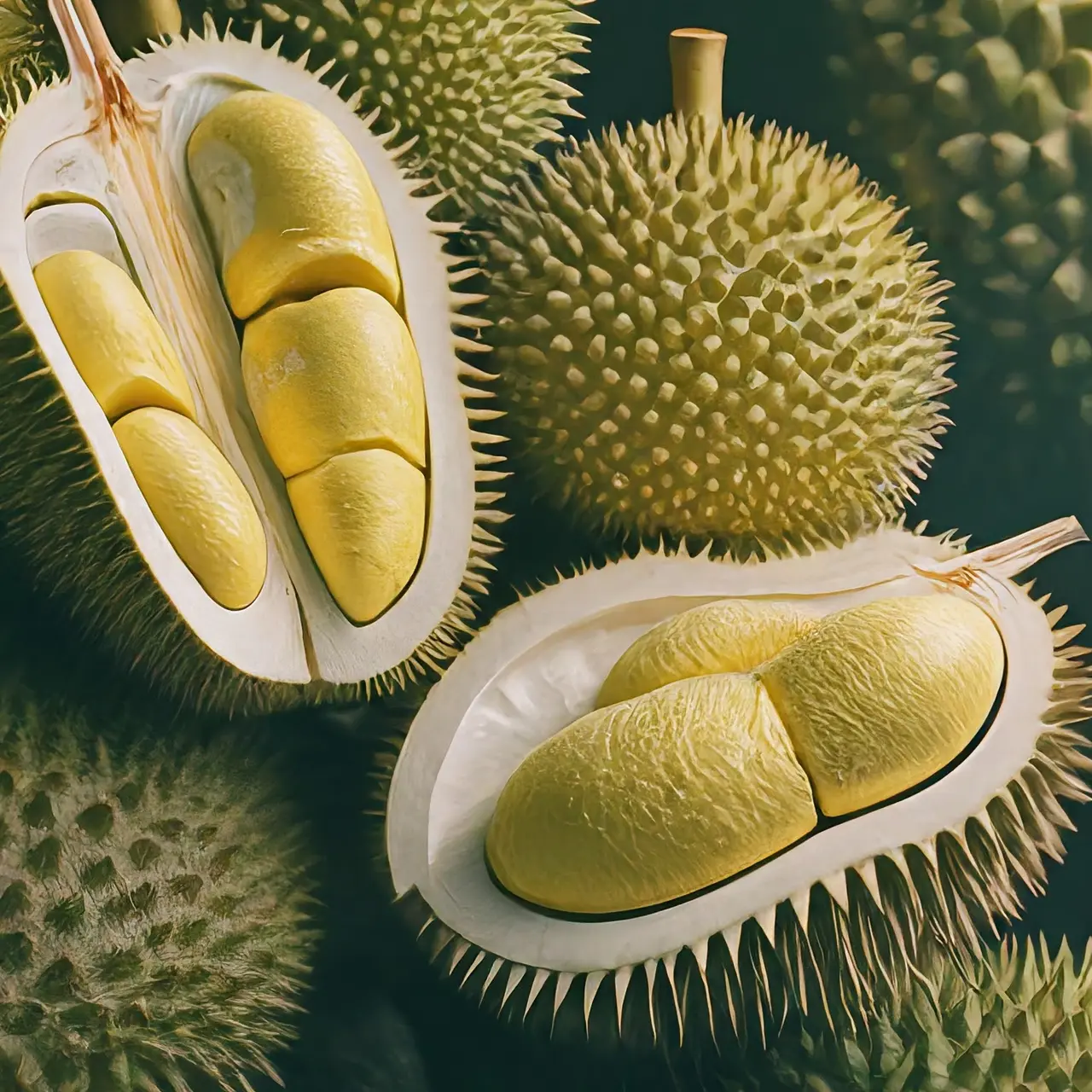 Close-up of whole durians and a sliced durian fruit. 35mm stock photo