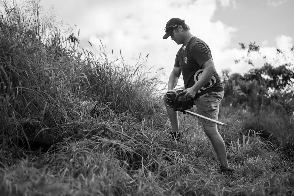 Black and white photo of a man using a chainsaw in tall grass outdoors.