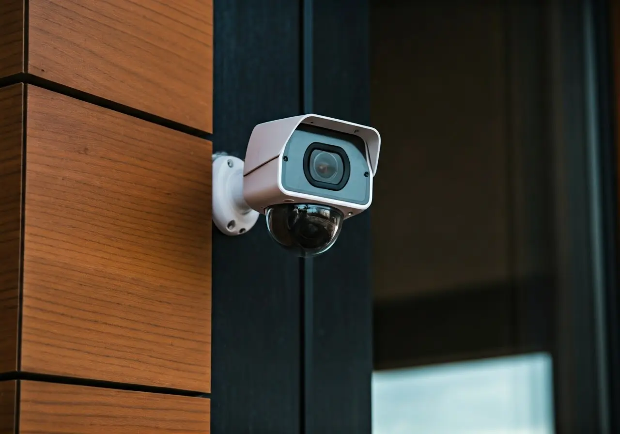 A sleek bullet camera mounted on a modern home’s exterior. 35mm stock photo