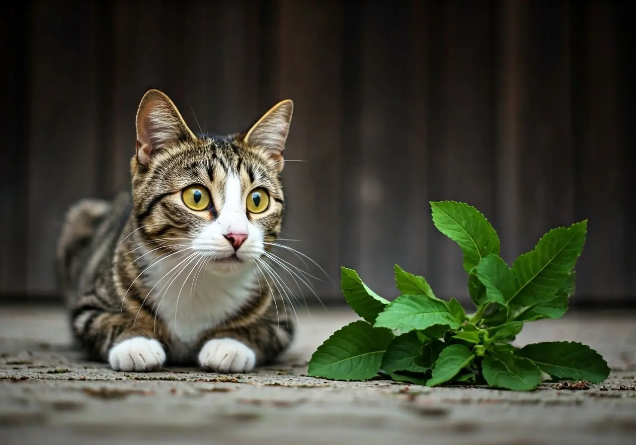 A puzzled cat staring at a tipped-over plant. 35mm stock photo