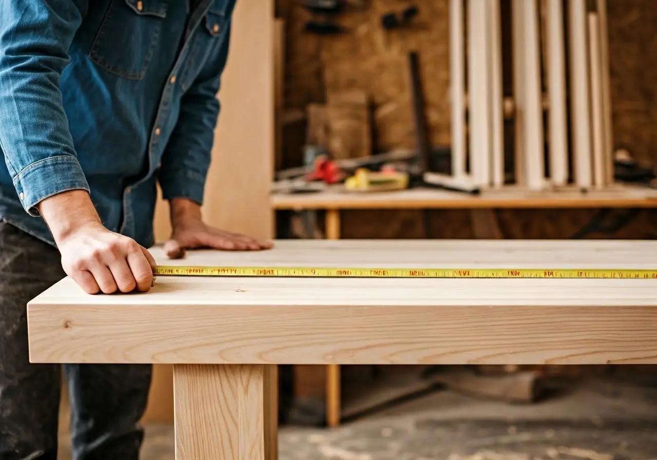 Woodworker measuring a wooden bench in a workshop. 35mm stock photo