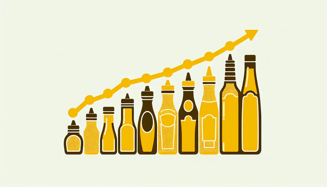 Draw a graphic in flat design style. Create an image of stylized bottles of mustard in different shades of yellow, arranged in an ascending graph chart shape to represent growing trends.