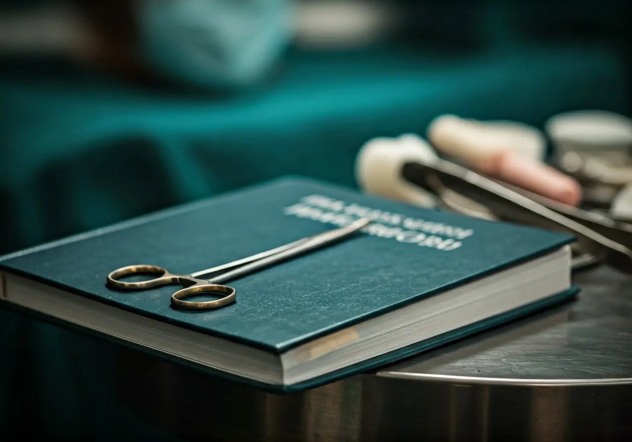 Surgical tools and a plastic surgeon’s handbook on a table. 35mm stock photo