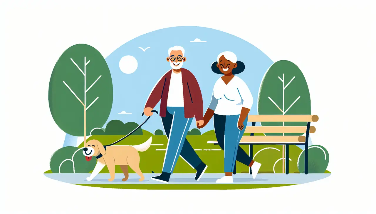 Draw a graphic in flat design style. Illustrate a serene park scene with a smiling elderly couple walking a dog, symbolizing active retirement.