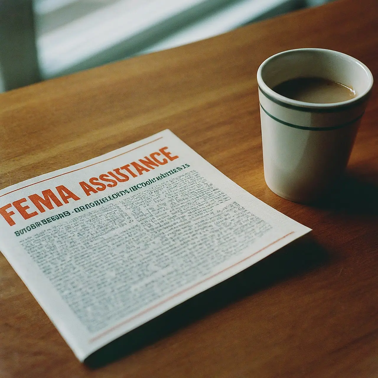 A FEMA assistance brochure on a desk with a cup of coffee. 35mm stock photo