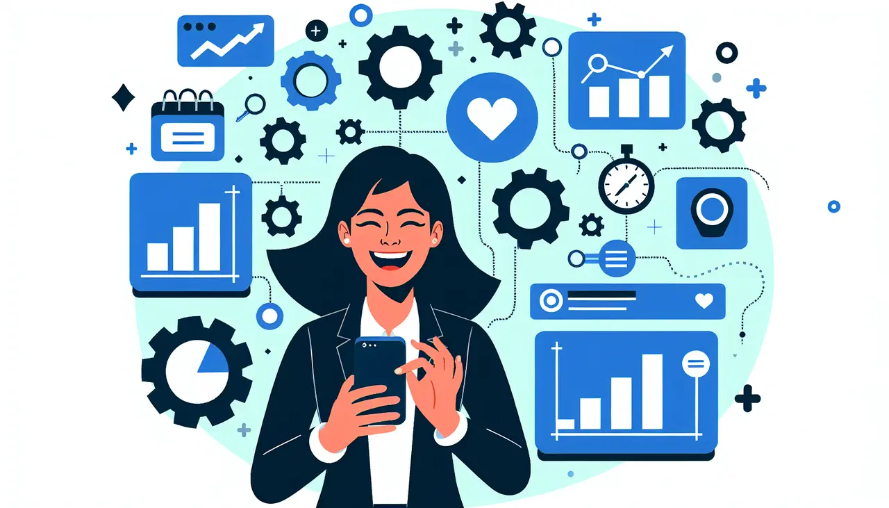 Draw a graphic in flat design style. A flat design illustration of a businessperson happily using a smartphone with floating icons of charts, gears, and tools around the device, conveying efficiency.