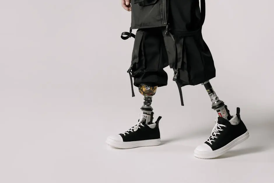 Stylish sneakers on prosthetic legs, showcasing modern technology and fashion.