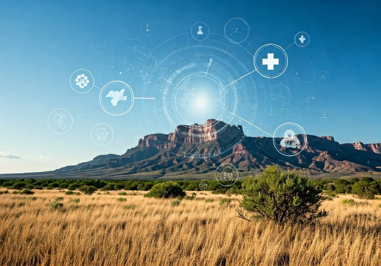 Serene Texas landscape with mental health concept icons overlay. 35mm stock photo