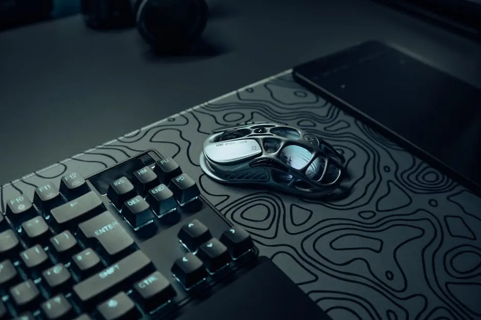 Close-up of a sleek gaming keyboard and futuristic mouse on a stylish desk mat.