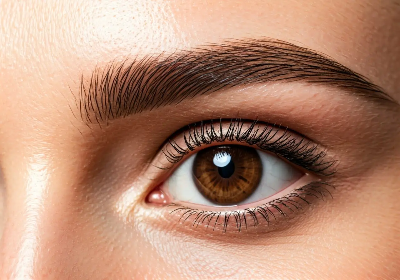 Close-up of a perfectly laminated eyebrow with grooming tools. 35mm stock photo