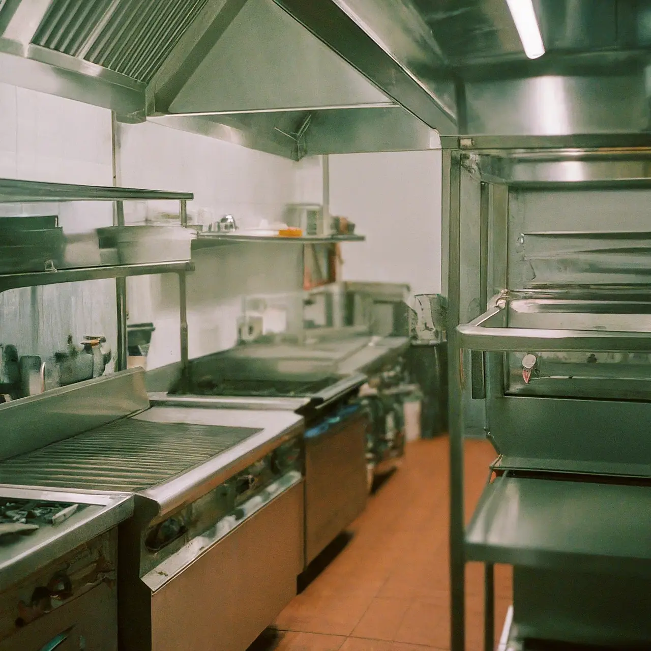 Commercial kitchen equipment in a modern restaurant setting. 35mm stock photo