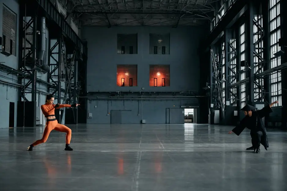 Action-packed martial arts duel in an industrial warehouse with dramatic lighting.