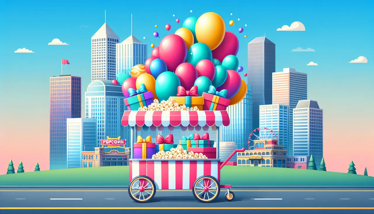 Draw a graphic in flat design style. A whimsical illustration of a popcorn cart in Denver, adorned with colorful gift boxes and balloons, set against a clear blue sky.