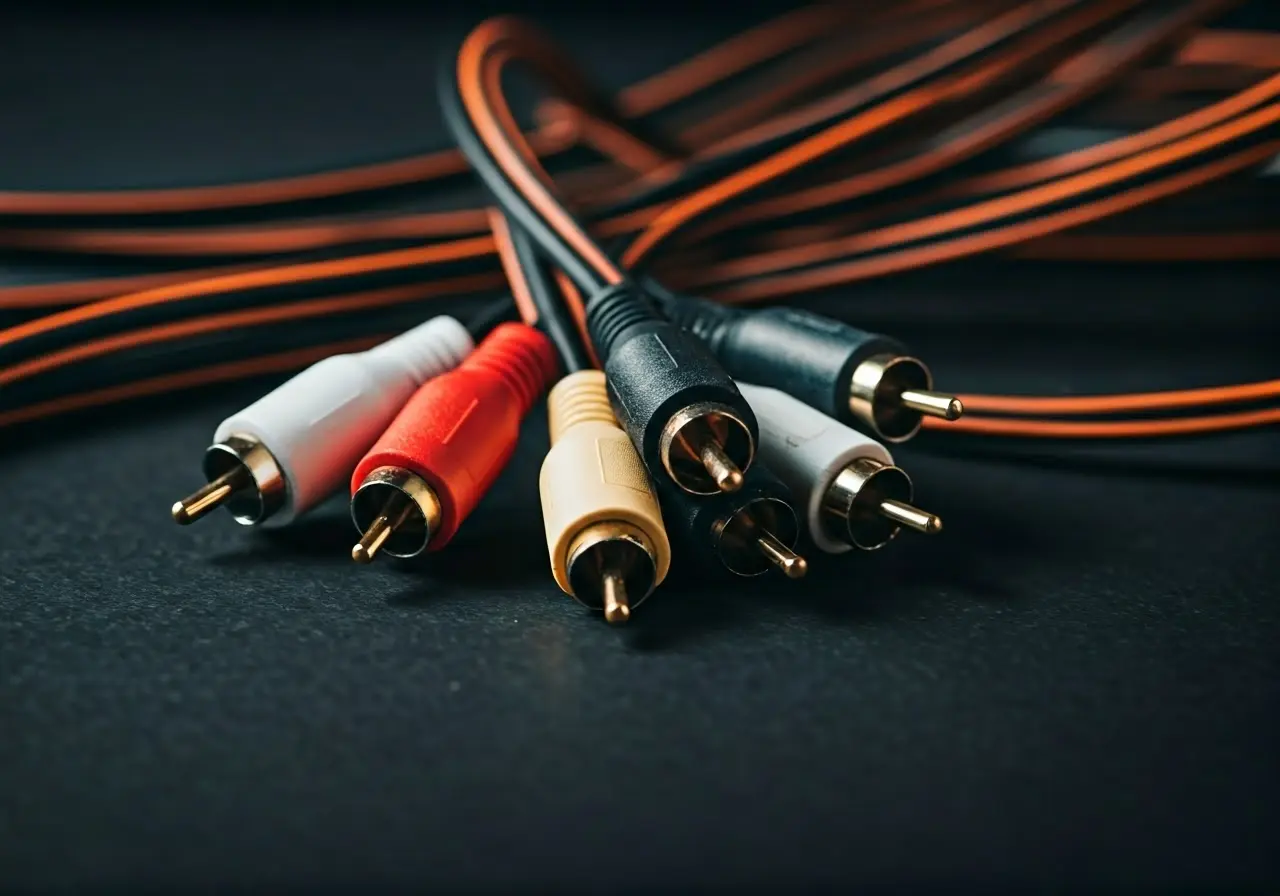 A close-up of vibrant audio and video cables. 35mm stock photo