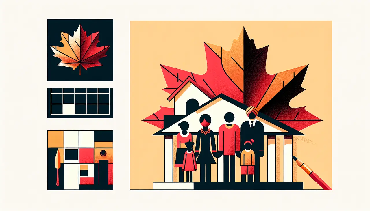 Draw a graphic in flat design style. A flat design image of a calendar with a maple leaf on top and a family of four standing next to it.