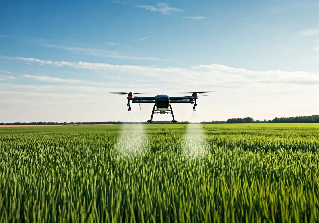 A drone spraying pesticides over a large, vibrant farm field. 35mm stock photo