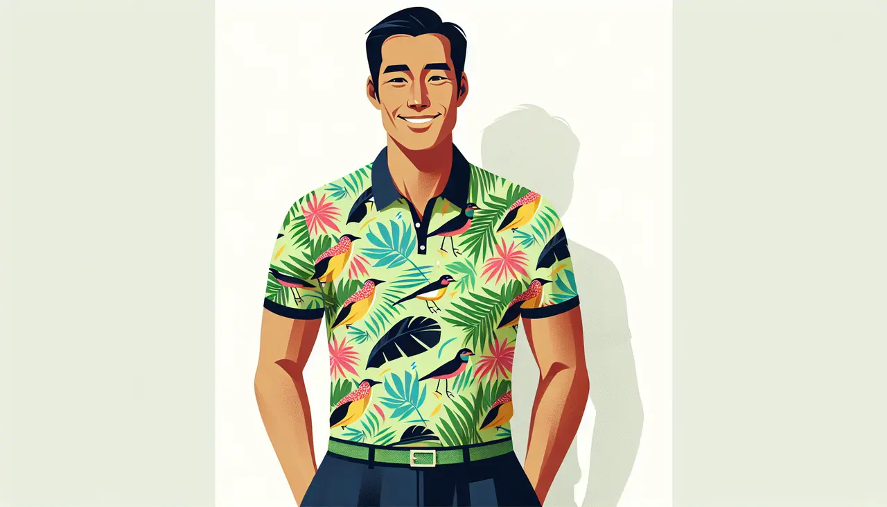 Draw a graphic in flat design style. A man smiling confidently, wearing a brightly patterned polo shirt with tropical leaves and birds.