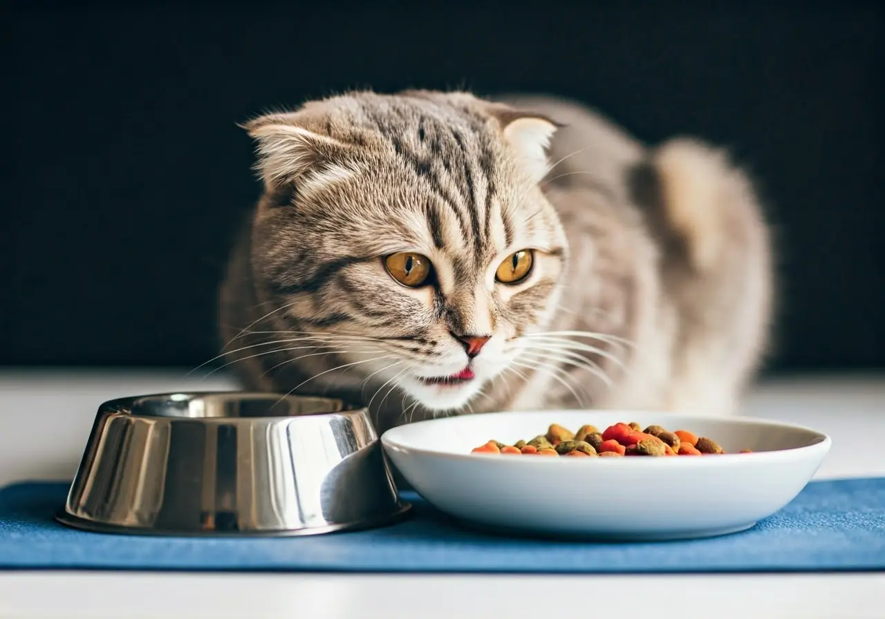 Scottish Fold cat eating from a bowl of healthy food. 35mm stock photo