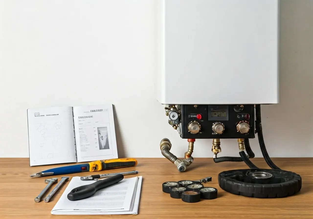 A modern boiler unit beside installation tools and manuals. 35mm stock photo