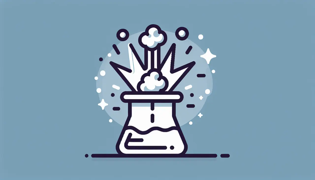 Draw a graphic in flat design style. A single popcorn kernel popping mid-explosion with a minimalist science beaker in the background.