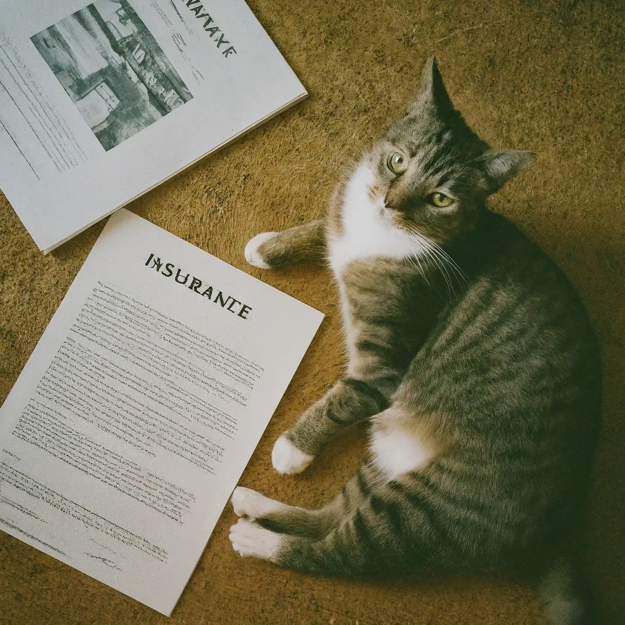 A cat resting comfortably with insurance documents nearby. 35mm stock photo