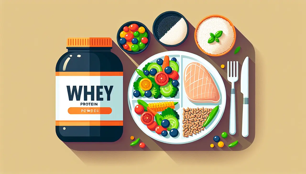 Draw a graphic in flat design style. A scoop of whey protein powder next to a balanced plate with vegetables, grains, and a piece of chicken in flat design style.