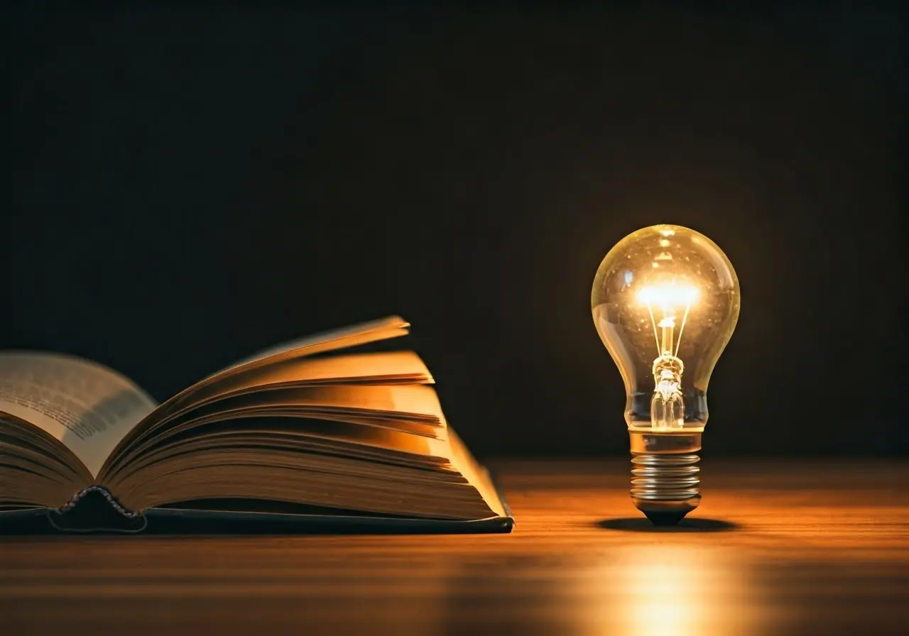 An open book beside a glowing light bulb on desk. 35mm stock photo