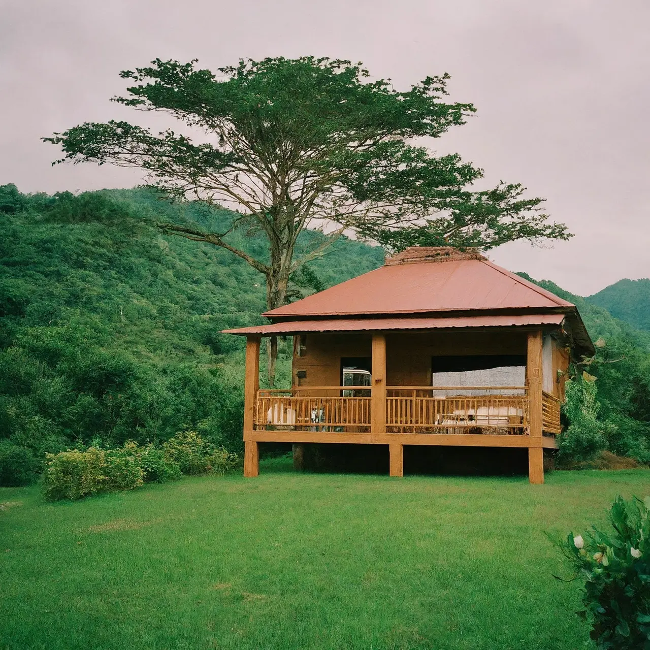 Cozy vacation rental with lush green surroundings and scenic views. 35mm stock photo