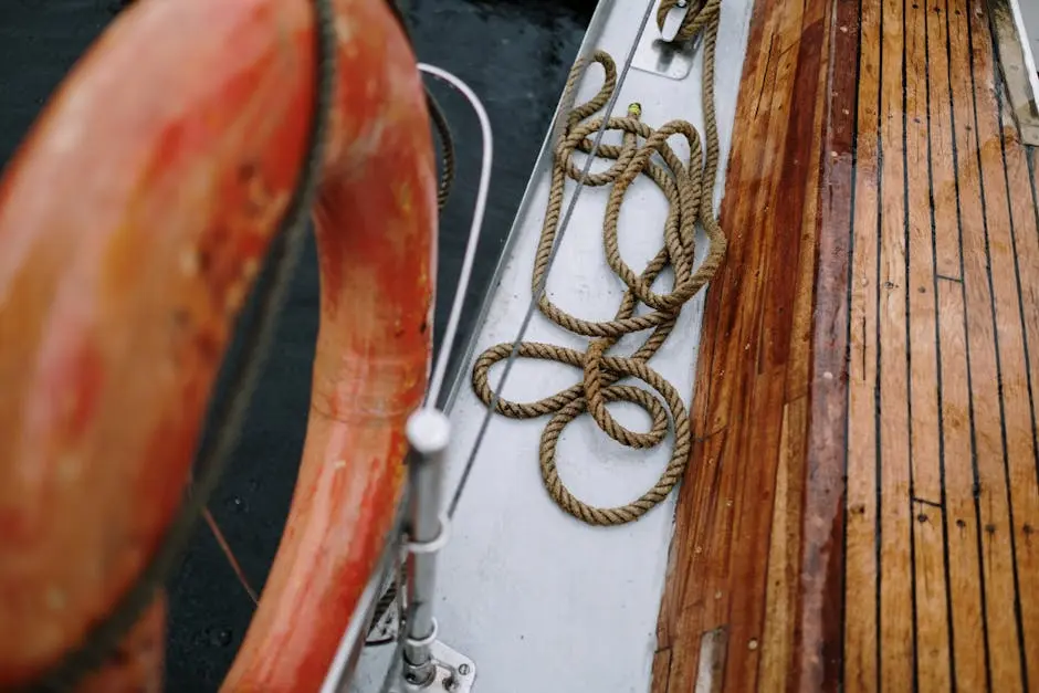 Wooden boat deck with orange lifebuoy and coiled rope, evoking maritime safety.