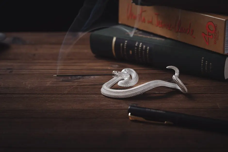 A silver snake incense holder with smoke amidst vintage books and pen on a wooden table.