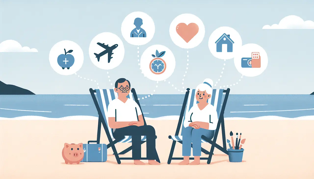 Draw a graphic in flat design style. Create an image of a relaxed elderly couple sitting in deck chairs on a beach, with simple icons representing health, savings, travel, home, and hobbies floating above their heads.