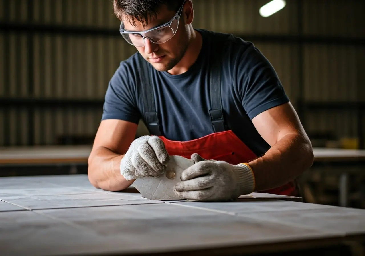 Close-up of a worker inspecting ceramic tiles. 35mm stock photo