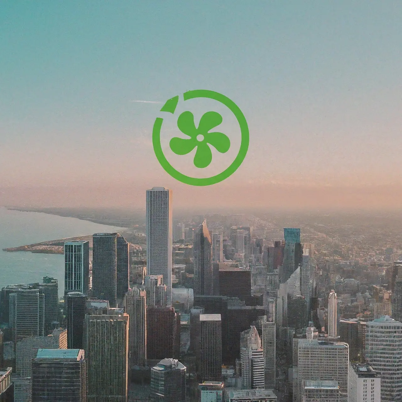 Chicago skyline with energy-efficient buildings and a heat pump icon. 35mm stock photo