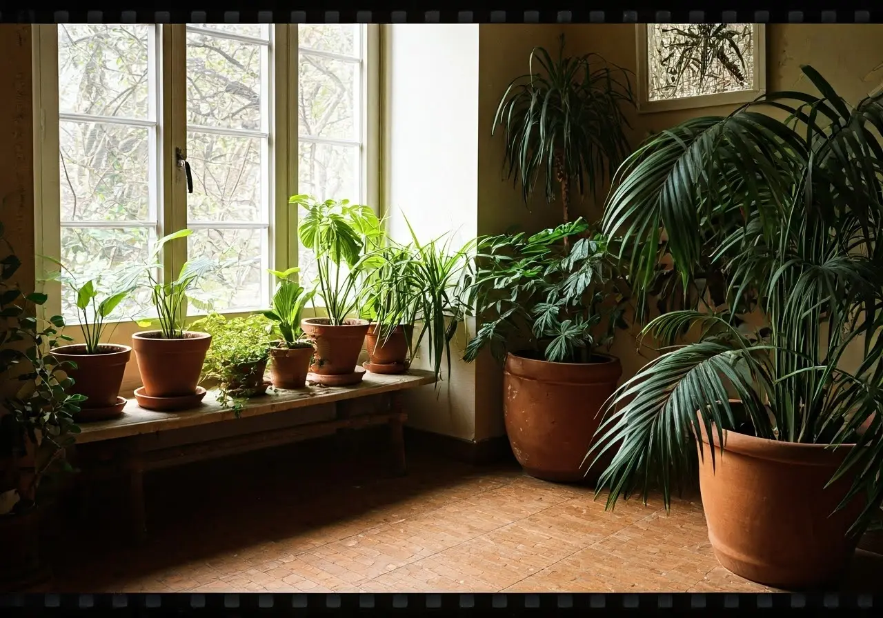 A cozy room with calming plants and gentle natural lighting. 35mm stock photo