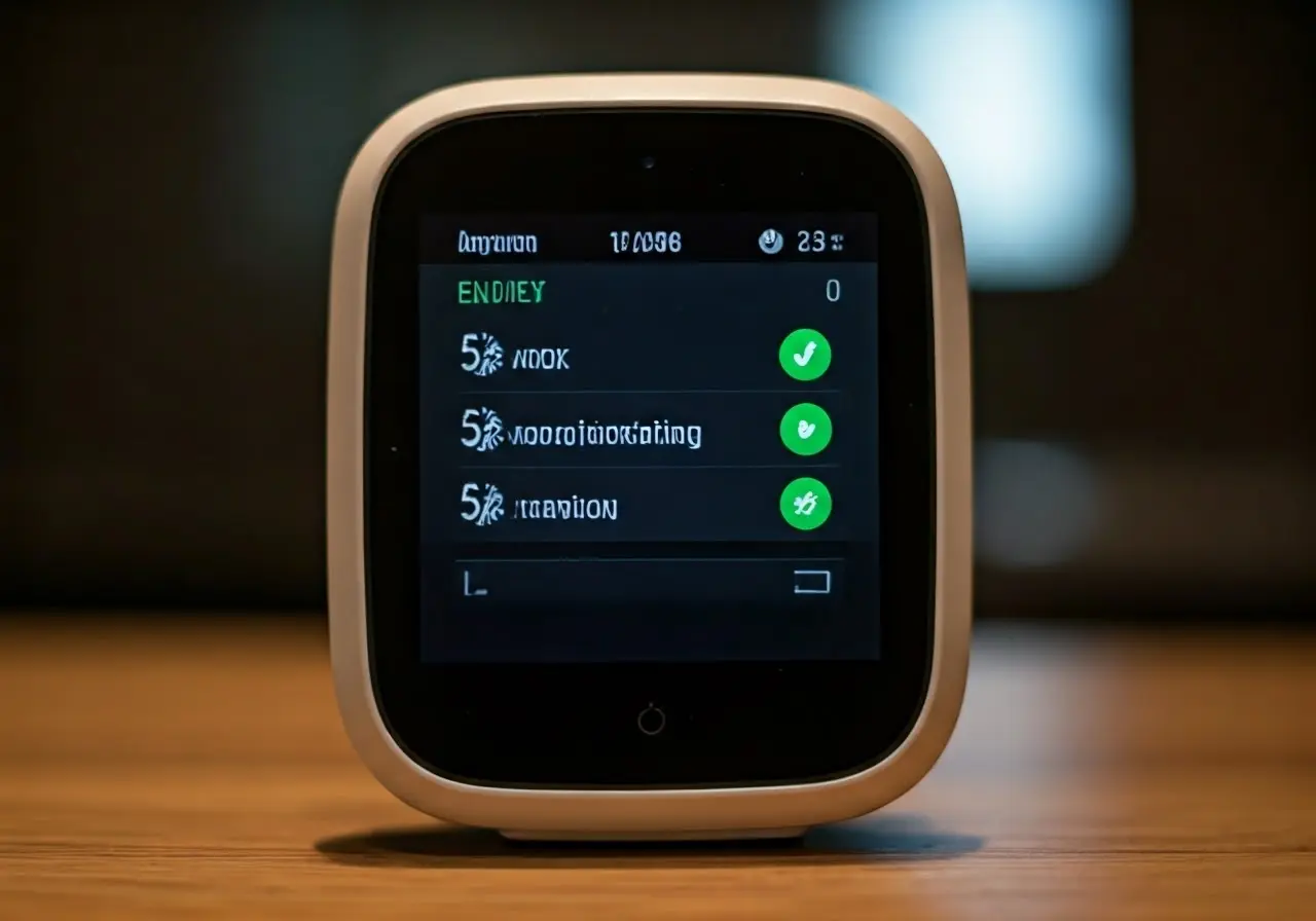 A smart thermostat displaying energy-saving settings on a digital screen. 35mm stock photo