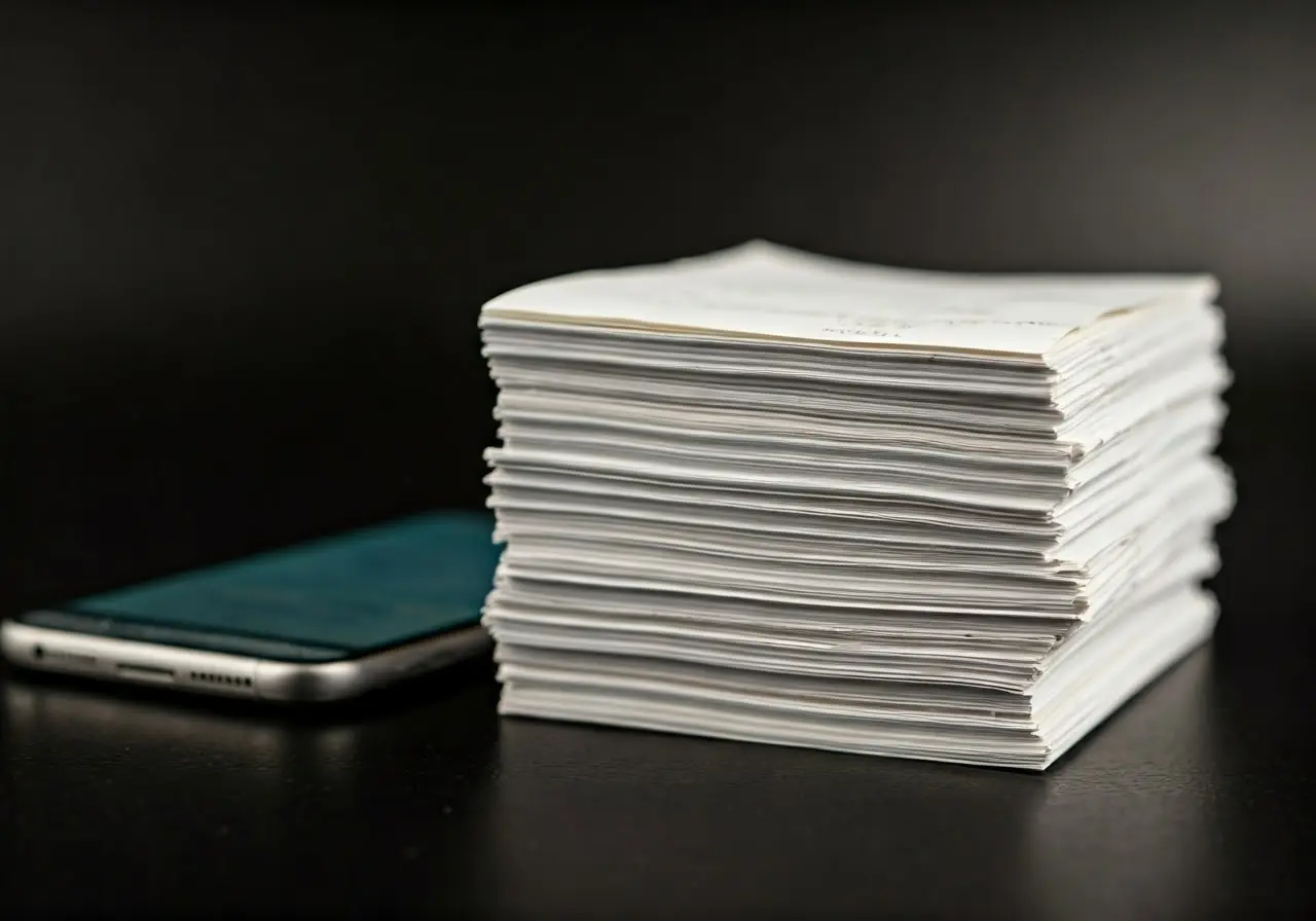 A stack of organized receipts next to a smartphone app. 35mm stock photo