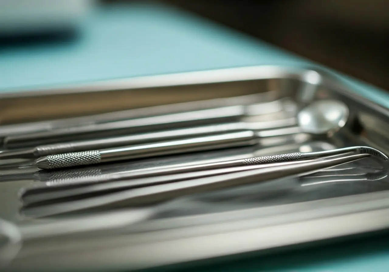 A close-up of dental tools on a shiny tray. 35mm stock photo