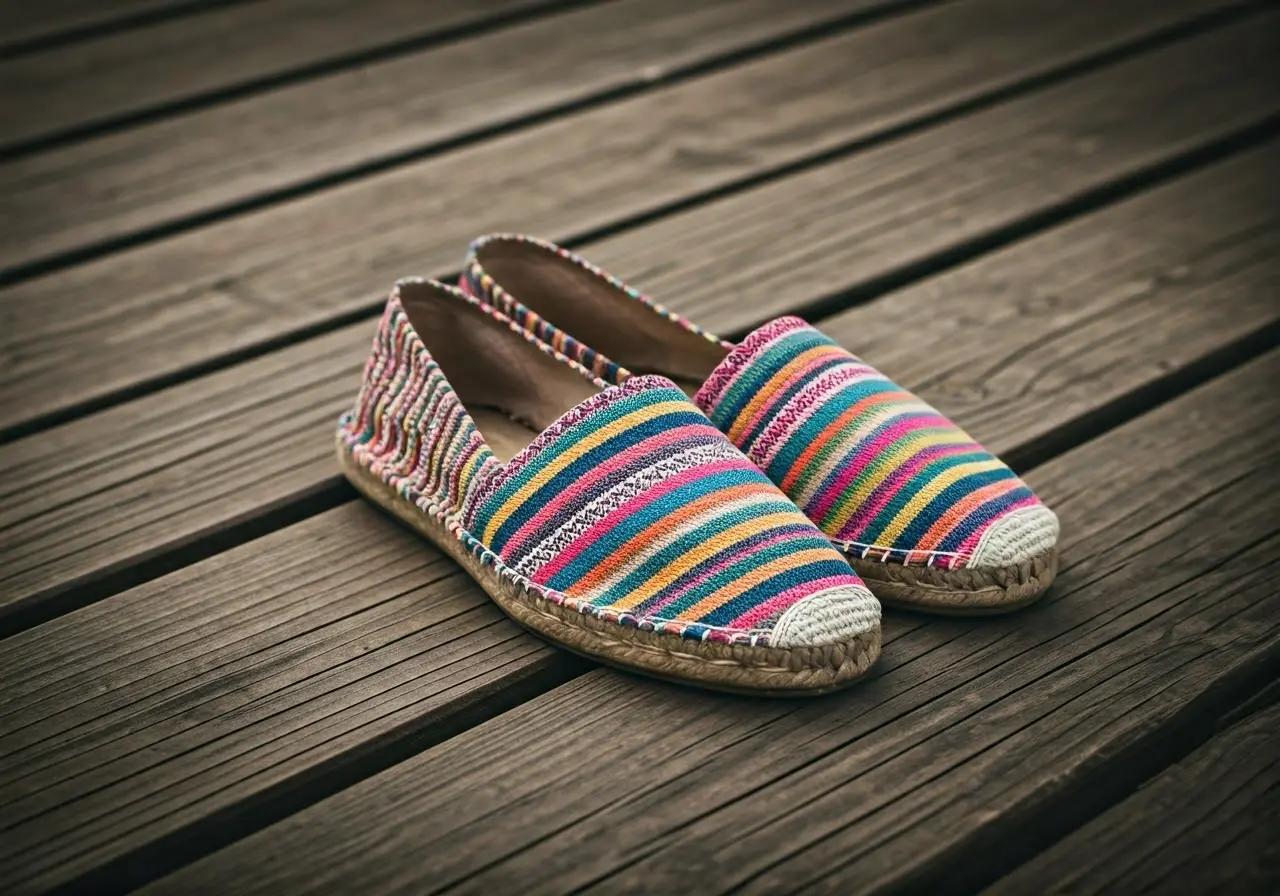 A pair of colorful espadrilles on a wooden deck. 35mm stock photo