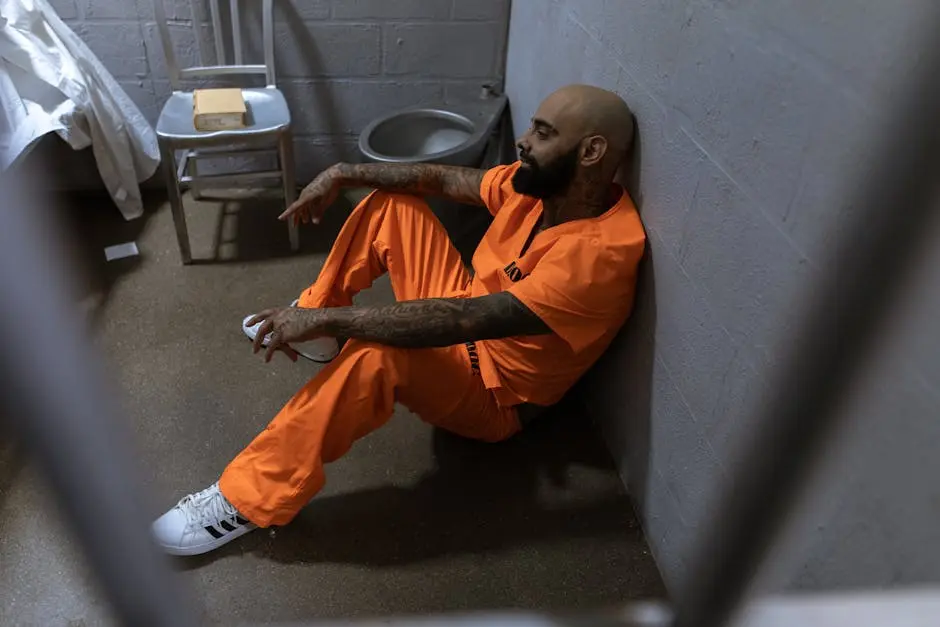 A man in an orange jumpsuit sits contemplatively in a prison cell with tattoos visible.