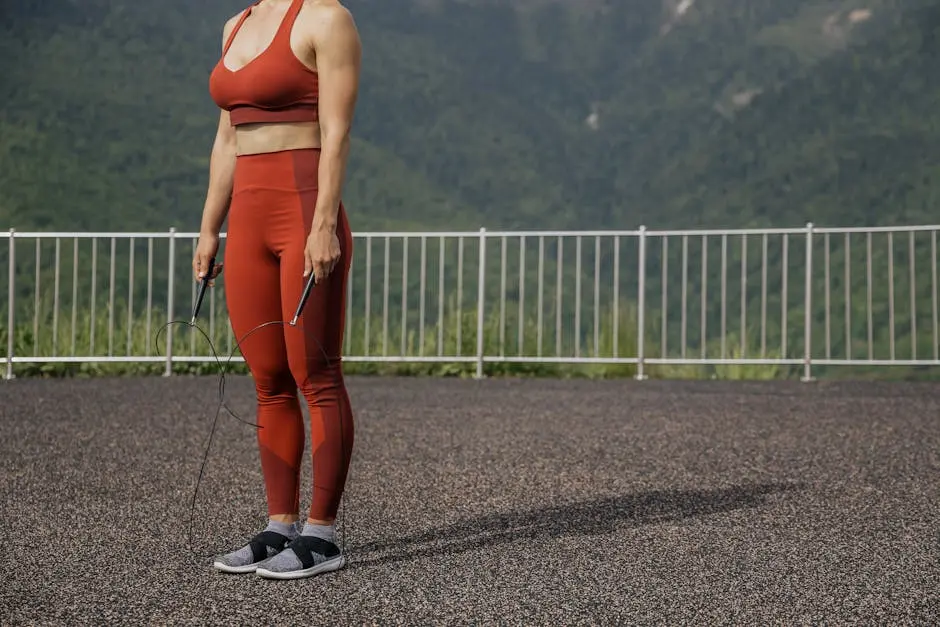 A woman in red activewear exercises outdoors using a skipping rope, showcasing fitness and fashion.