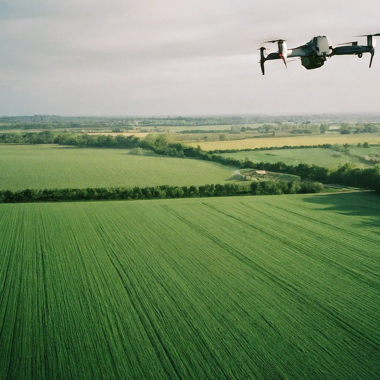 A drone flying over a lush, green farmland. 35mm stock photo