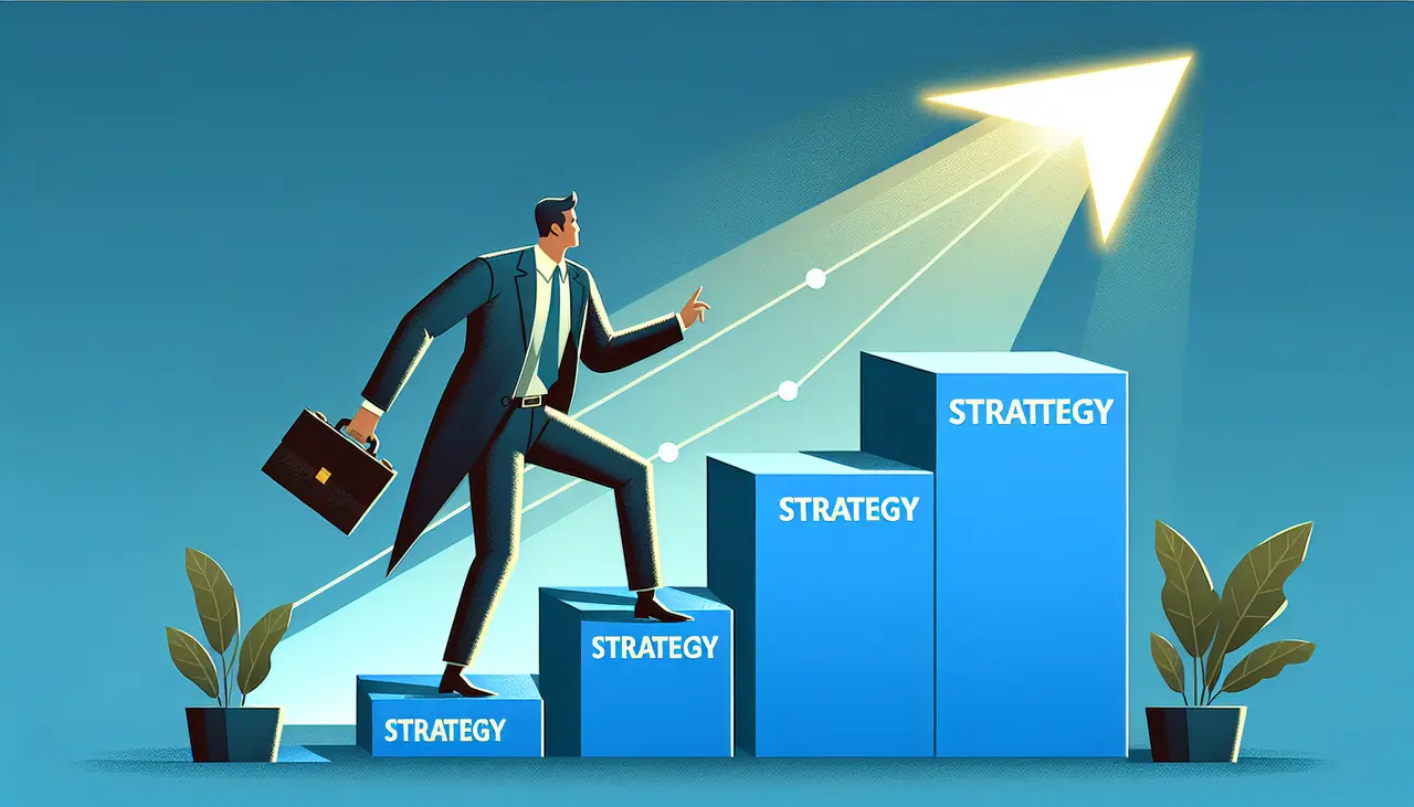 Draw a graphic in flat design style. A businessman in a suit climbs a series of stepping stones labeled Strategy leading to a bright, upward arrow symbolizing growth.